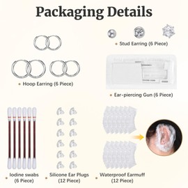 Disposable Ear Piercing Kit with 6 Piercing Guns, 3 Pairs of Earrings, Mark Pen, Iodophor Swabs, Cartilage Jewelry Studs & Accessories, Easy at Home Use (Silver)