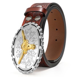 WERFORU Western Belts Cowboy Cowgirl Belt for Men Woman, Embossed Western Country Bull Buckle Leather Belts for Jeans (39"：Fit Waist Size 29"-33", Brown)