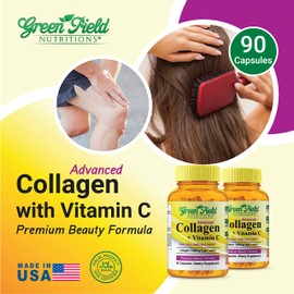Greenfield Nutritions - Halal Collagen Peptides 1500 mg Type I & III, with Vitamin C 300 mg for Better Absorption, Halal Anti-Age Formula for Hair Skin Nails & Joints, Halal Vitamins 90 Capsules