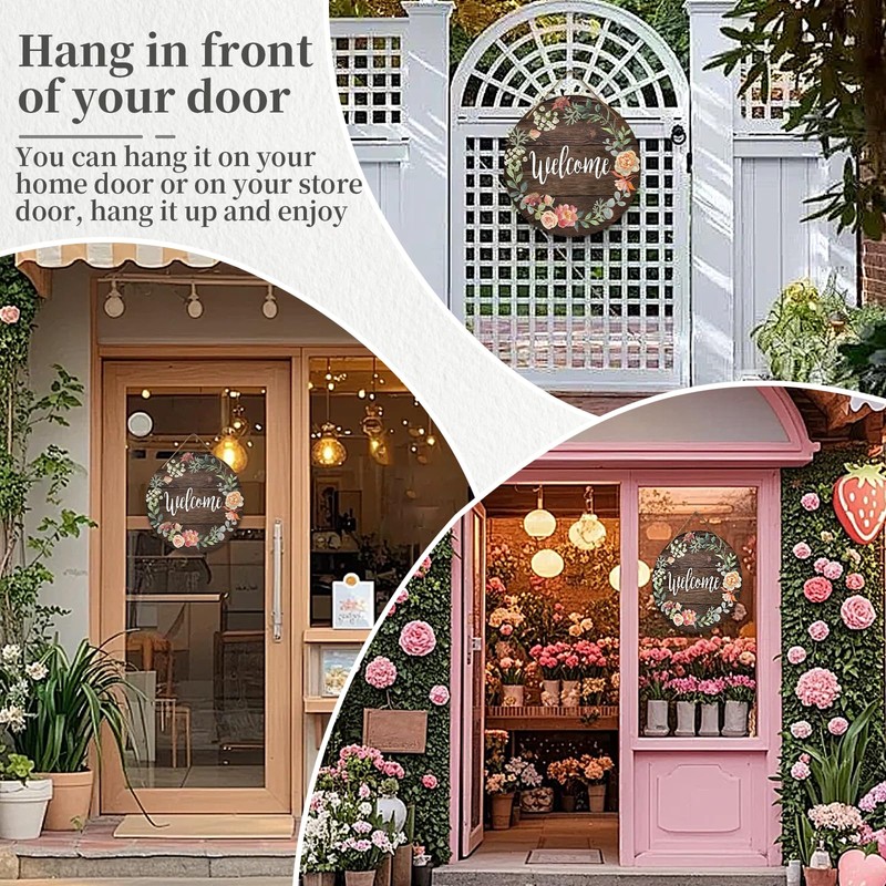 PASDUCHAS Front Door Welcome Sign, Rustic Round Wreath Colourful Floral