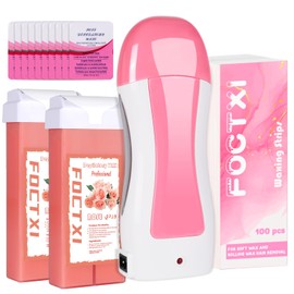 Roll on Wax Kit, Wax Roller Kit for Hair Removal, Waxing Kit for All Skin Types, Soft Wax Heater for Larger Areas of the Body, with 2 Rose Wax Cartridges & 100 Pcs Wax Strips