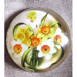 GLASS DOME PICT BUTTON - BEAUTIFUL YELLOW DAFFODILS FLOWERS - 30mm