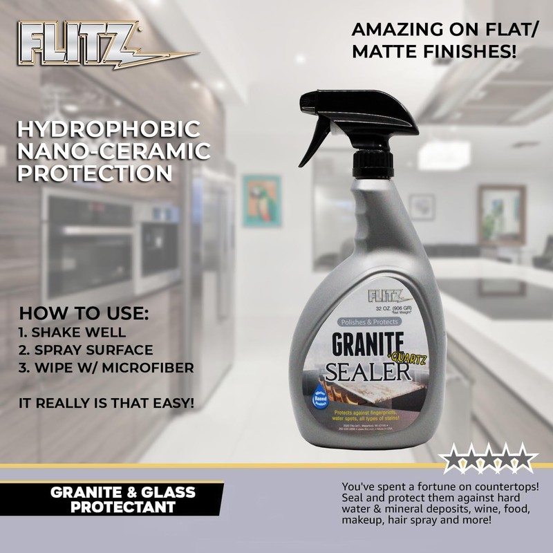 Flitz Ceramic Granite + Quartz Sealer for Countertops, Stainless Steel,