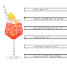 HALM Aperol Spritz Sayings Glass Straws Holy Aperoli Edition Gift – 6 Funny Drinking Sayings Engraved with Brush Glass Straw