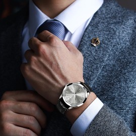 OLEVS Mens Watches Grey Face Leather Watches for Mens Luxury Quartz Analog Dress Watch Casual Classy Luxury Waterproof Date Watches Diamond Dial Relojes para Hombres