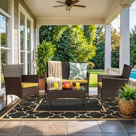 GENIMO 5' x 8' Outdoor Rug Waterproof for Patio Decor, Foldable Reversible Plastic Straw Area Rugs Mat with String Light, Led Carpet for Camper, Rv, Deck, Porch, Picnic, Beach, Balcony, Blue & White