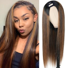 CanaryFly Highlight U Part Wigs For Women, 180% Density FB30 Color Human Hair Wigs, No Sew In No Leave Out No Glue,Rose Net Cap,Upgrade FB30 Omber U Part Wigs With Elastic Drawstring 14 Inch