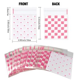 FAZHBARY 100 PCS Pink Valentine Cellophane Bags Heart Self Sealing Cellophane Clear Treat Bags Goodie Bags for Party Supplies