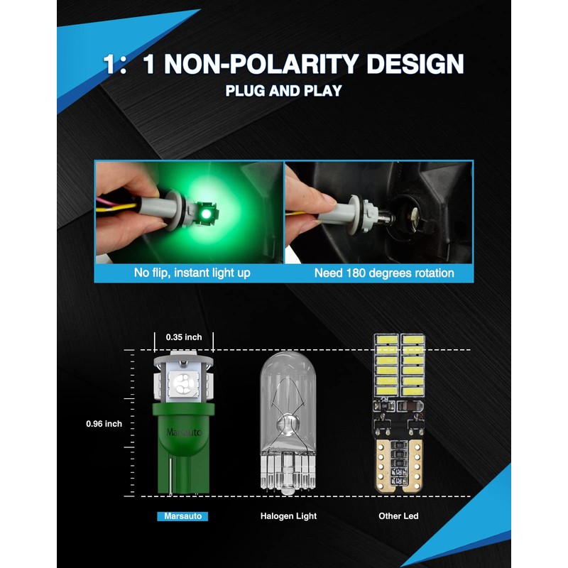 Marsauto 194 LED Light Bulb Green, 168 T10 2825 LED