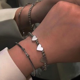 Wendalern Silver Heart Bead Bracelet Adjustable Open Cuff Bangle Anxiety Bracelet Round Ball Chain Beads Bracelet Thin Wrist Chain Bangle Hand Jewellery for Women, Zinc