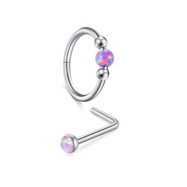 MODRSA 18g Opal Nose Ring Opal Nose Stud L Shaped Opal Nose Hoop Clicker Silver Nose Rings for Women Cartilage Hoop Earring Cartilage Hoop Helix Hoop Earring Opal Purple Daith Earring Hoop