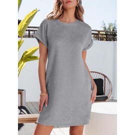 EVALESS Womens Summer Dresses 2025 Fashion Short Sleeve Cute Spring Mini Dress Crewneck Solid Casual Beach Vacation Clothes Tshirt Dresses with Pockets Grey Large