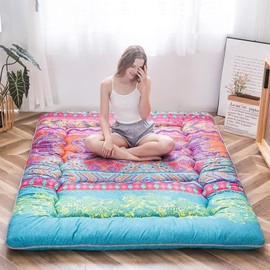 Japanese Floor Mattress Futon Mattress, Thicken Tatami Mat Sleeping Pad Foldable Roll Up Mattress Dormitory Mattress Pad Floor Lounger Pillow Bed (Bohemian B, 150 x 200 cm)