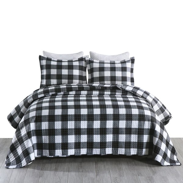 MarCielo 3 Pcs Buffalo Quilt Bedspread Set(King), Black White, (B020_K)