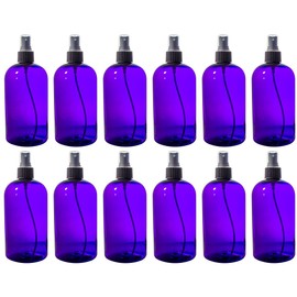 Purple 16 oz Boston Round PET Bottles (BPA Free) with Black Fine Mist Sprayer (12 pack) + Labels