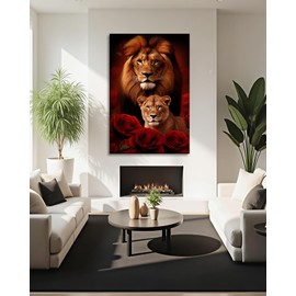 Lion Canvas Wall Art Lion and Lioness Decor Red Rose Flower Picture Animal Painting Contemporary Artwork for Living Room Bedroom Home Office Decor Framed(Artwork-5,12.00"x18.00")