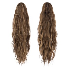 FESHFEN Ponytail Extensions, Long Claw Clip in Ponytail Hairpiece Synthetic Pony Tails Hair Piece Natural Wavy Hairpieces for Women, Honey Blonde Mixed Light Brown 25 inch