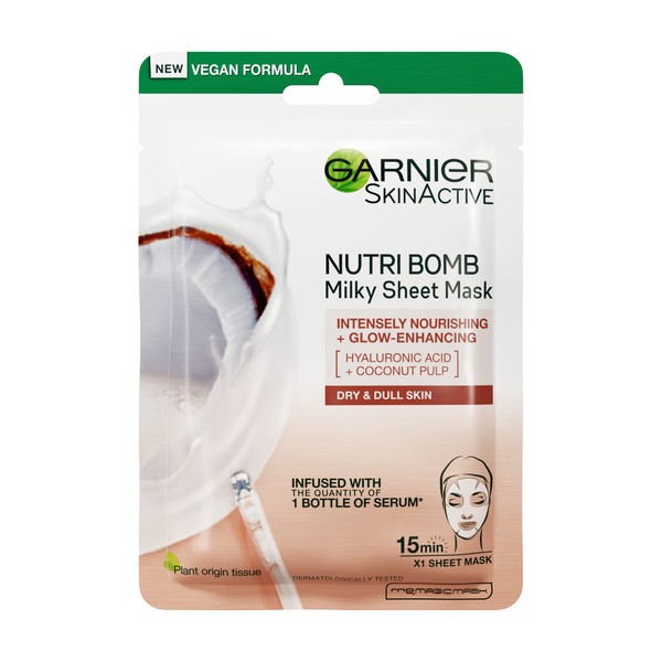 Garnier Nutri Bomb Milky Sheet Mask, With Coconut And Hyaluronic Acid Hydrated Glowing Skin, Intensely Nourishing & Restoring Milky Face Masks, Vegan Tissue