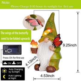 Foreby Garden Gnomes Outdoor Garden Decor-Resin Gnome with Solar Outdoor Lights Decorative Mushroom and Vivid Butterfly Spring Gnomes Decorations for Yard Decor,Gardening Gifts for Women