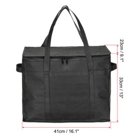 PATIKIL 16.1"x9.1"x13" Insulated Reusable Grocery Bag, 2 Pack Food Delivery Insulated Cooler Tote Bag with Zipper Collapsible for Hot Cold Transport Shopping, Black