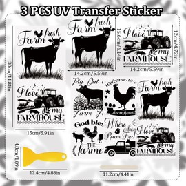 WANDIC UV Farmhouse Rub on Transfer Stickers,3 Sheets Black and White Farm Animal Truck Transfer Decals Waterproof for Furniture Glass Home Decor, 15 * 30cm