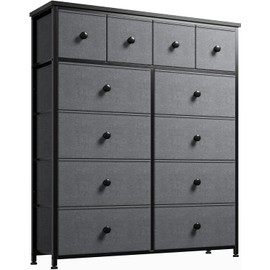 EnHomee 12 Drawer Dresser, Fabric Storage Tower for Bedroom, Hallway, Entryway, Closet, Tall Chest Organizer Unit with Fabric Bins, Metal Frame, Wood Top, Easy Pull Handle, Light Grey