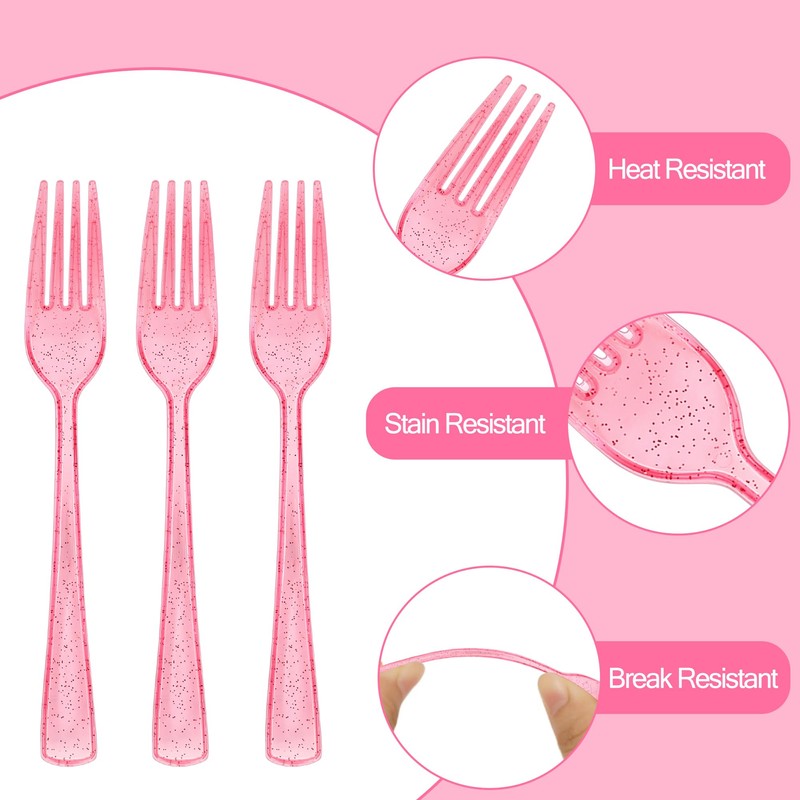 100 Pcs Pink Glitter Plastic Forks, Disposable Heavy Duty Pink
