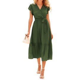 BTFBM Women Summer Bohemian Floral Casual Wrap V Neck Ruffle Cap Sleeveless Belt A-Line Pleated Hem Midi Sun Dress(Solid Army Green,Medium)