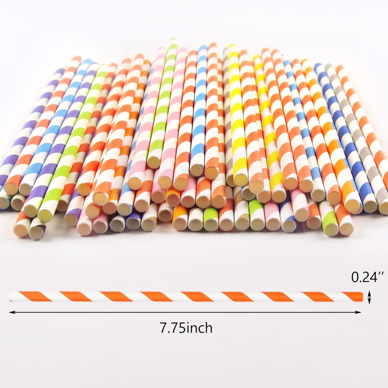 100PCS Biodegradable Paper Straws, Assorted Rainbow Colors Striped, 10 Colors