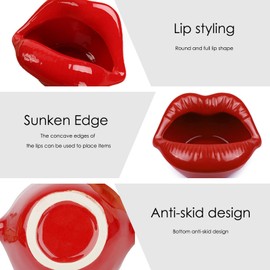 CAIRIAC - Soporte de cerámica para lápiz labial de labios rojos, adecuado para almacenar cosméticos, pinzas para el cabello, joyas como regalo para mujeres, cumpleaños y día de San Valentín (rojo oscuro)