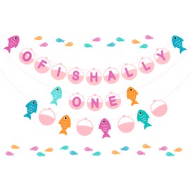 Ofishally One Banner - The Big One Fishing 1st Birthday Party Supplies for Girls Pink, Gone Fishing First Birthday Party Decorations Includes 2Pcs Garlands