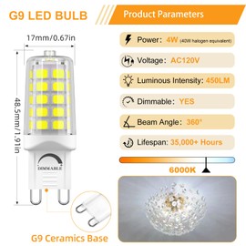 BAOMING G9 LED Bulb Dimmable 4W (40W Equivalent) - 6000K Cool White, Super Bright 450LM, No Flicker, Ceramic Base - for Basement, Corridor, Utility Room, High-Visibility Areas - 12 Pack