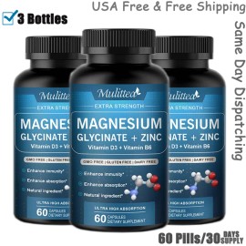 Mulittea 3PACK Magnesium Glycinate Capsules 500mg with Vitamin D3 Vitamin B6 & Zinc