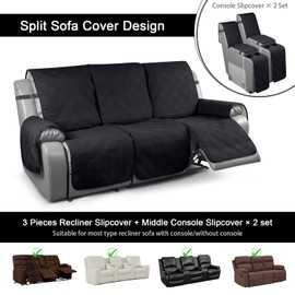TAOCOCO 100% Waterproof Recliner Couch Covers for 3 Cushion Couch with Console, Recliner Sofa Cover for 3 Seat Sofa, Split Reclining Sofa Cover Furniture Pets Kids Protector (3 Seater, Black)