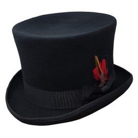 100% Wool Felt Top Hats Victorian Style Mad Hatter Tall Gentlemen Magic Hats Removable Feather (L, Black)