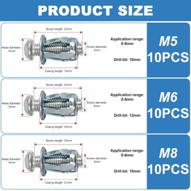 Lvjkes Cavity Dowels, Pack of 30, M5 x 25 mm/M6 x 25 mm/M8 x 30 mm Carbon Steel Cavity Dowels, Rust and Corrosion Resistant, for Fixing Elements in Plasterboard, Plastic Hollow Wall Panels