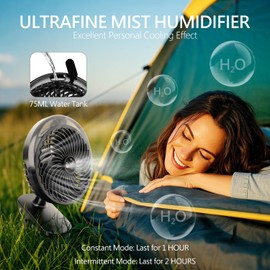 Portable Rechargeable Clip on Fan with Mist Function & LED Light, 12000mAh Battery Operated Desk Fan, 45Hrs Ultra-Quiet Cooling, Auto Oscillation, Hangable for Outdoor, Golf Cart, Tent, Black