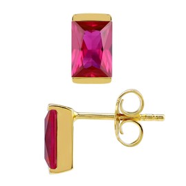Silvershake 7X5mm Simulated Baguette Shape Red Ruby 14K Yellow Gold Plated 925 Sterling Silver Business Attire Stud Post Earrings July Gemstone Birthstone