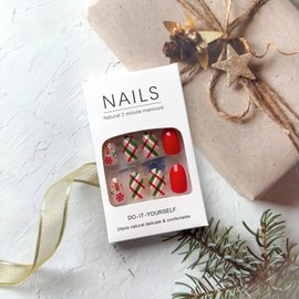 24Pcs Christmas Press on Nails Short Almond Fake Nails Cute Christmas False Nails with Red White Green Stripe Design Full Cover Winter Xmas Glue on Nails for Women Christmas Nails Press on