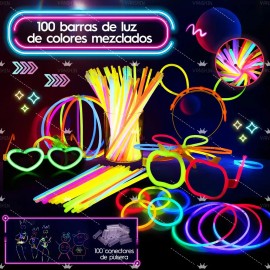Pack de 100 Pulseras Neón Luminosas y Fluorescentes con Conectores para Fiestas