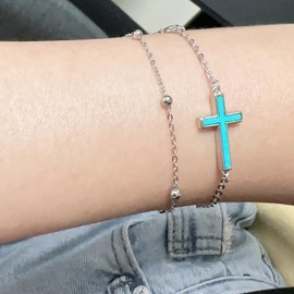 Genuine Turquoise Cross Bracelet with Leaf, Sterling Silver Summer Beach Dainty Bohemia Nature Gemstone Jewelry for Women, 7+2''