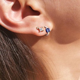 EVER FAITH 925 Sterling Silver Birthstone Elegant Hoop Earrings Beauty Jewelry for Women, Small Size Cut CZ Hidden Snap Posts Earrings For Party Sapphire Blue