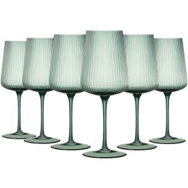 Ripple Colored Wine Glasses - Set of 6 Ribbed Crystal Fluted Big Long Stemmed Glasses Gift Hosting, Wife, Mom Friend - Large 19 oz Glass, Italian Style Tall Drinkware, Vintage Style Drinking (Green)