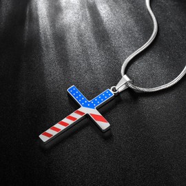 Hipunk Stainless Steel American USA Flag Pendant Necklace - Dog Tag Heart Bible Verse Cross Necklace Religious Pendant Patriot Gifts for National Independence Day Girls Boy Women Men, Stainless Steel,