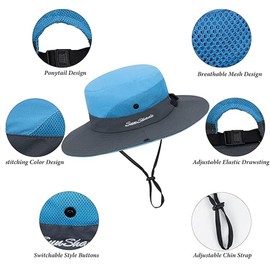 Womens-Summer-Sun-Hat Outdoor Breathable-UV-Protection-Fishing-Hat Wide Brim Foldable-Beach-Bucket-Hat with Ponytail-Hole