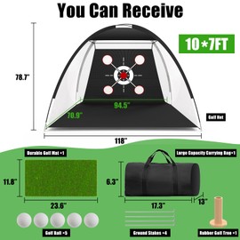 Golf Net,10x7ft Golf Hitting Net with Multiple Targets, All-in-1 Outdoor Indoor Hitting Aid Nets, Ideal Gifts for Father, Husband,Golfing Lover