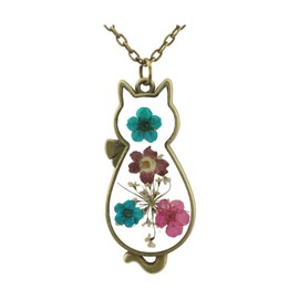 FM FM42 Multicolor Dried Flowers Cat Shape Pendant Necklace with 27" Long Chain FN2098
