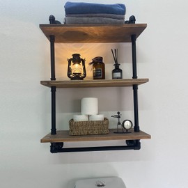 ROGMARS Industrial Pipe Shelving Bathroom Shelves with Towel bar, 24 in Rustic Floating Shelves Pipe Wall Shelf,3 Tier Wall Mounted Shelves with Hook