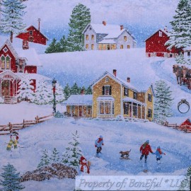 Wilmington Prints BonEful Fabric FQ Cotton Quilt Snow Winter Scenic Tree Farm Country Church House