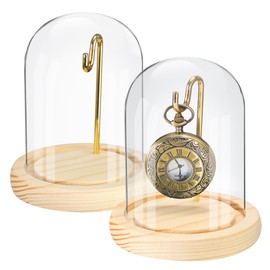 Btohrt 2 Pcs Pocket Watch Glass Display with Hooks Dome Cloche with Raw Wood Base Decorative Glass Display Dome Showcase for Watch Plants Medals Photos Collectibles Dark MDF Base(3.9" X 4.5",Gold Hook)